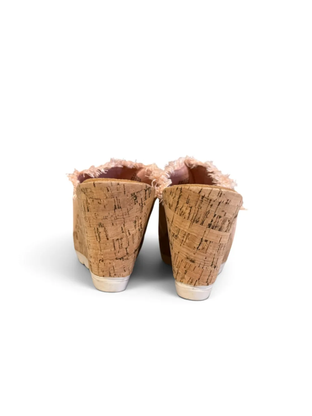 Minnetonka Women’s Size 11 Pink Blush Fabric Cork Wedge Slide Sandals Frayed Edg
